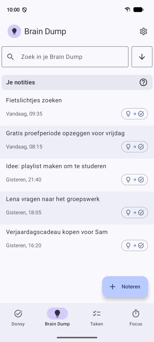 Het Brain Dump-scherm met vijf snelle notities, zoals “Fietslichtjes zoeken”, elk met een knop om er een taak van te maken.