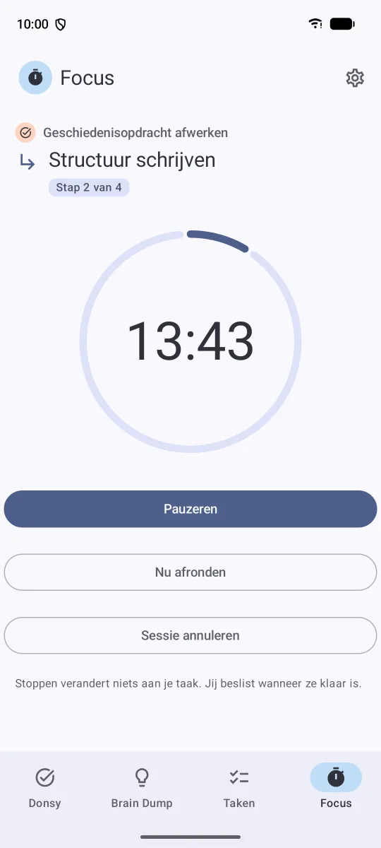 De focustimer op 13:44 voor de stap “Structuur schrijven”, met knoppen om te pauzeren, nu af te ronden of de sessie te annuleren.